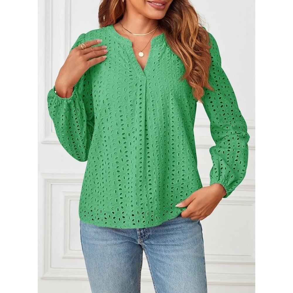 Merokeety Eyelet‎ Peasant Blouse Shirt Women’s Large Green V-neck Cottage Core